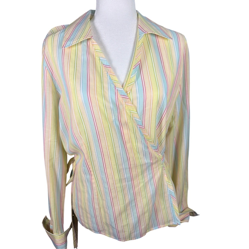Faconnable Womens Pastel Striped Cotton Wrap Blouse Long Sleeve Yellow Blue L